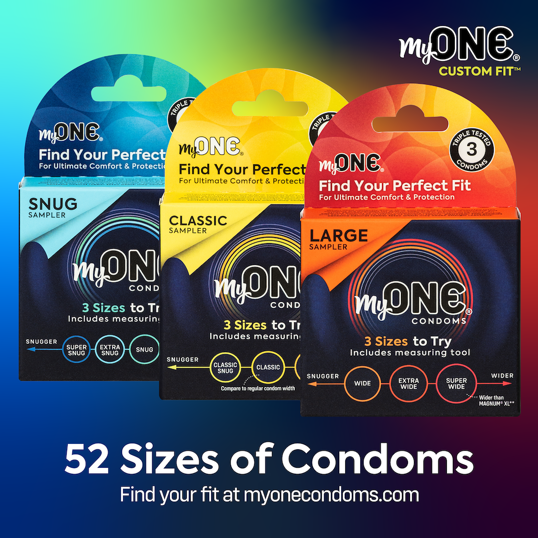 52 sizes of Condoms. Find your fit at myonecondoms.com